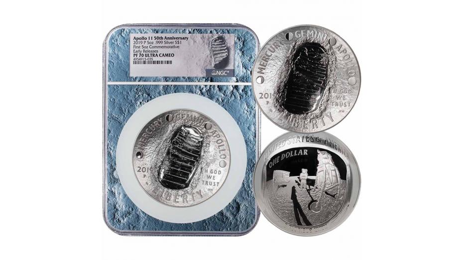 2019-P Moon Core 5oz Silver Apollo 11 50th Anniversary Commemorative Dollar PF70 Early Release