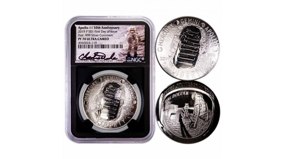 2019 Apollo 11 Commemorative Silver Dollar FDOI NGC PF70 Ultra Cameo Charlie Duke Signature