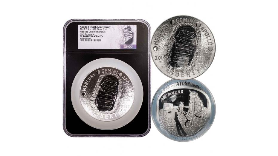2019-P Black Core 5oz Silver Apollo 11 50th Anniversary Commemorative Dollar ER NGC PF70UCAM