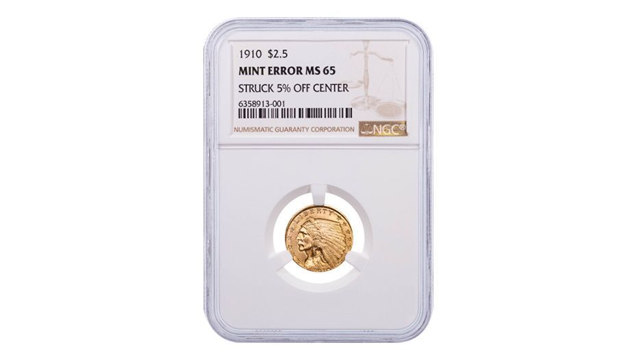 1910-P Mint Error Indian Head Gold Quarter Eagle Struck 5% Off Center NGC MS65