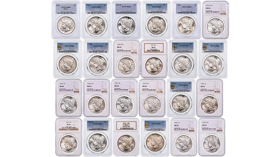 Set of 24: 1921-P to 1935-S Complete Peace Dollar Set NGC/PCGS MS64