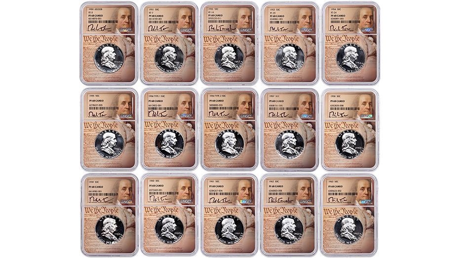 Set of 15: 1950 - 1963 Franklin Half Dollars NGC PF68 Cameo Includes 1956 Type 1 We The People Label Hand Inspected and Signed by Rick Tomaska