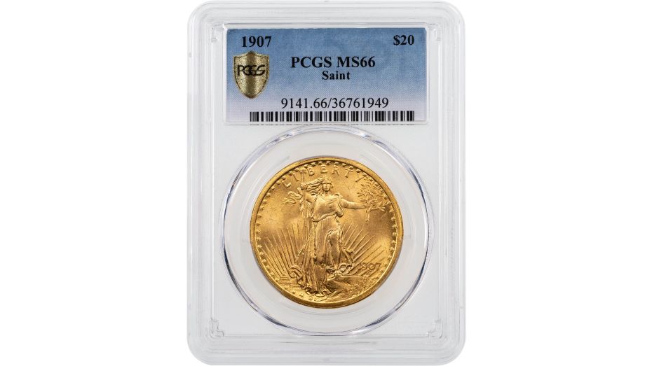 1907 High Relief Flat Rim Saint Gaudens Gold Double Eagle PCGS MS66 