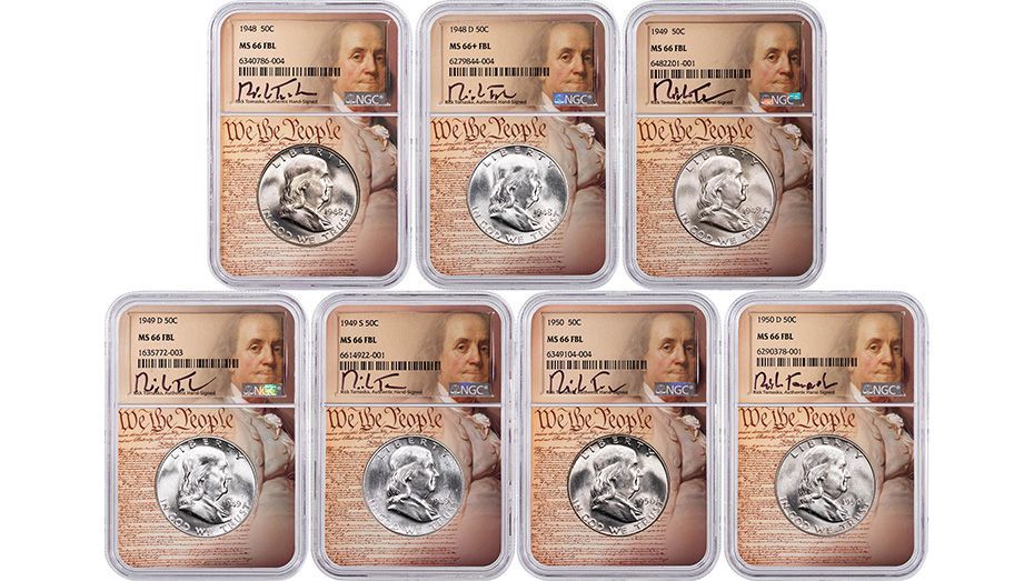 Set of 7: 1948-P to 1950-D Franklin Half Dollars NGC MS66, MS 66+ We The People Label Tomaska Signature Series