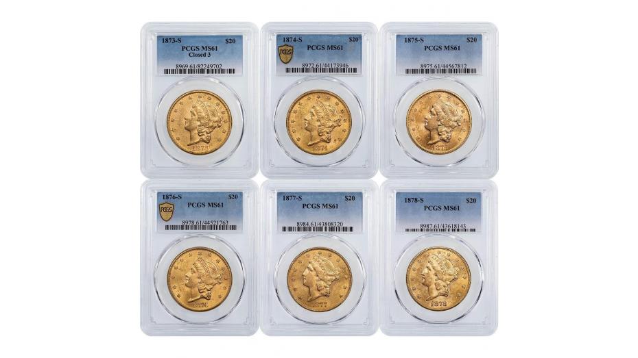 Set of 6: 1873-S - 1878-S Liberty Head Gold Double Eagles PCGS MS61