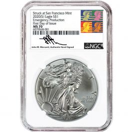 2020 (S) American Silver Eagle NGC MS70 FDI Reagan Mercanti Label 