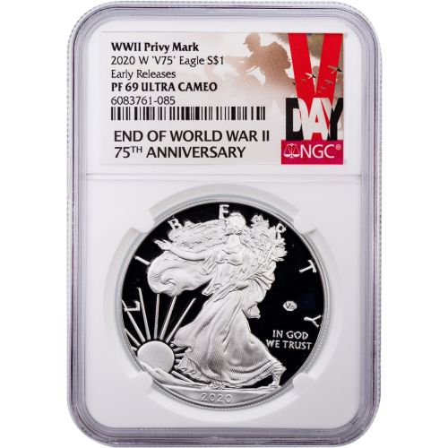 2020-W WWII 75th Anniversary Privy American Silver Eagle PF69UCAM V-Day Label