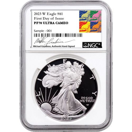 2023-W American Silver Eagle NGC PR70DCAM Gaudioso Signed First Day of Issue