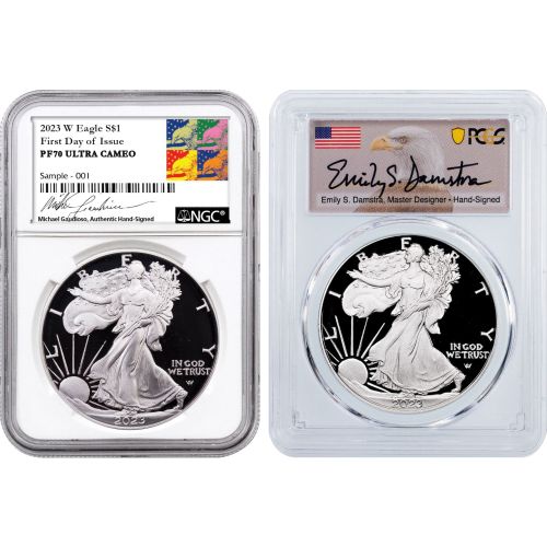 Set of 2: 2023-W American Silver Eagle NGC/PCGS PR70DCAM Gaudioso Damstra Signed Labels First Day of Issue