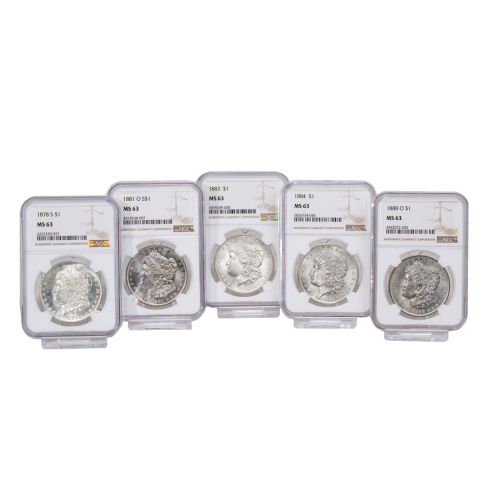 Set of 5: Morgan Silver Dollars NGC/PCGS MS63  Incl: 1878-S, 1881-O, 1883-P, 1884-P and 1888-O