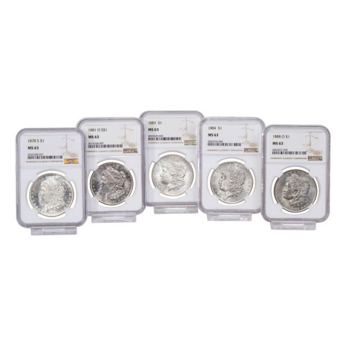 Set of 5: Morgan Silver Dollars NGC/PCGS MS63  Incl: 1878-S, 1881-O, 1883-P, 1884-P and 1888-O
