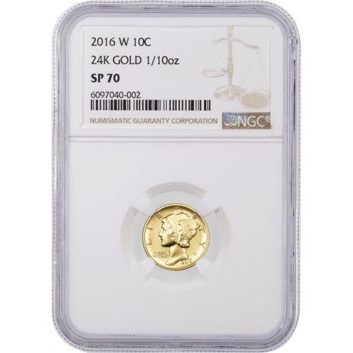 Low Mintage Gold: 2016-W 1/10 oz 24K Gold Centennial Commemorative Mercury Dime SP70