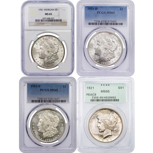 Set of 4: 1921 P, D, S Morgan & 1921-P Peace Dollars NGC/PCGS MS65