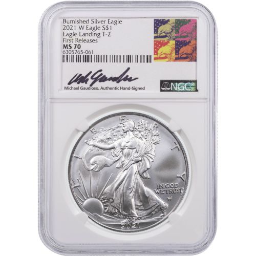 Set of 2: 2021-W T2 FR & 2022-W Advanced Release Burnished  American Silver Eagles NGC MS70 Gaudioso Label     