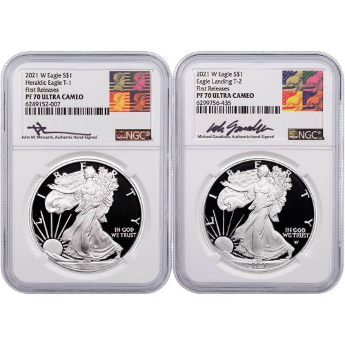 Set of 2: 2021-W Type 1 & Type 2 American Silver Eagles NGC Proof 70 Ultra Cameo Mercanti-Gaudioso Signed