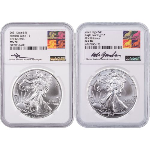 Set of 2: 2021 Type 1 & Type 2 American Silver Eagles MS70  First Releases