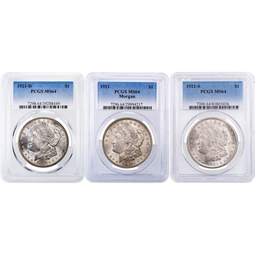 Set of 3: 1921-P, D, & S Morgan Dollar NGC/PCGS MS64
