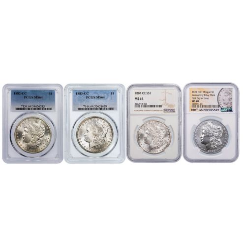 Set of 4: 1882-CC - 1884-CC Morgan Dollars NGC/PCGS MS64 and 2021-CC Morgan Dollar NGC MS70 FDI Carson City Privy Mark