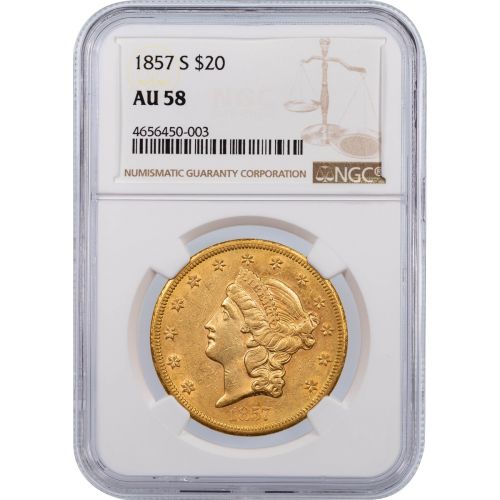 1857-S Liberty Head $20 Gold Double Eagle NGC/PCGS AU58