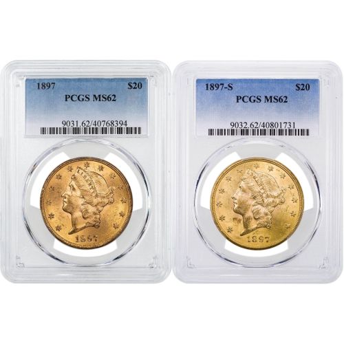 Set of 2: 1897-P & 1897-S Liberty Head $20 Gold Double Eagle NGC/PCGS MS62