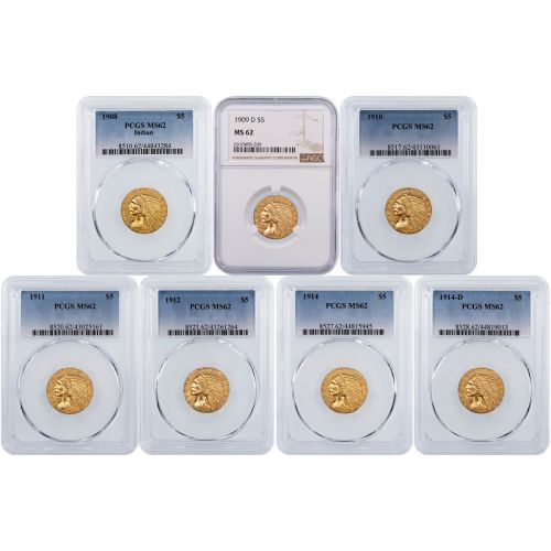 Set of 7: Indian $5 Gold Half Eagles NGC/PCGS MS62 includes: 1908-P, 1909-D, 1910-P, 1911-P, 1912-P, 1914-P & 1914-D
