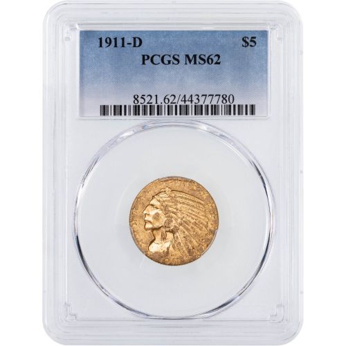 $5 1911-D Indian Head Gold Half Eagle PCGS MS62