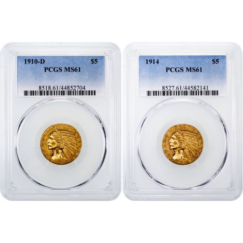 Set of 2: 1910-D & 1914-P Indian Head Gold Half Eagles NGC/PCGS MS61