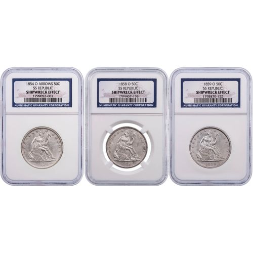 Set of 3: 1854-O, 1858-O, & 1859-O SS Republic Seated Liberty Half Dollars NGC "Shipwreck Effect" includes: Shipwreck Pamphlet