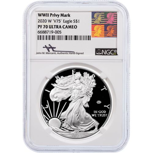$1 2020-W WWII 75th Anniversary Privy American Silver Eagle NGC PF70 UCAM Reagan Mercanti Label