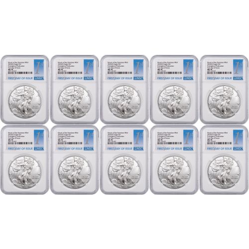 Set of 10: 2020 (S) American Silver Eagle NGC MS70 FDI "Emergency Production"