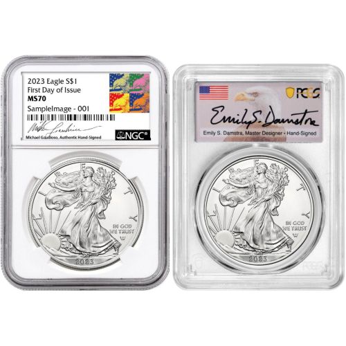 Set of 2: 2023 American Silver Eagles NGC/PCGS MS70 First Day of Issue NGC Gaudioso and PCGS Damstra