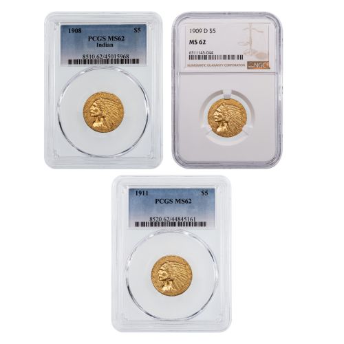 Set of 3: 1908-P, 1909-D and 1911-P Indian Head $5 Gold Half Eagles NGC MS62          