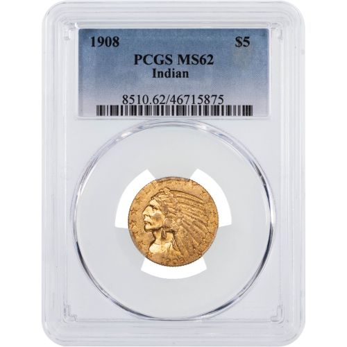 $5 1908-P Indian Head Gold Half Eagle PCGS/NGC MS62