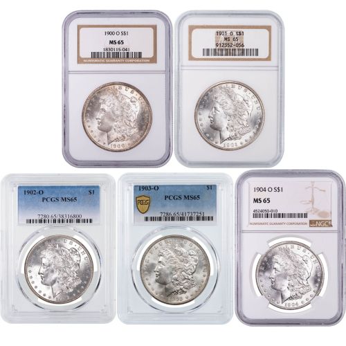 Set of 5: Morgan Silver Dollars Incl 1900-O- 1904-O NGC/PCGS MS65      