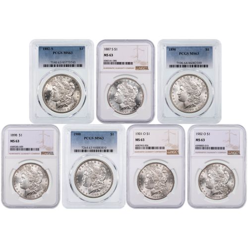 Set of 7: Morgan Silver Dollars NGC/PCGS MS63 Varied Dates      