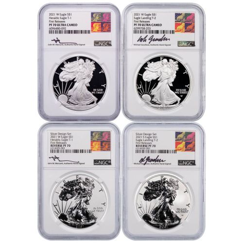 2021 Epic Year Set of 4: 2021-W Type 1 & Type 2 American Silver Eagles NGC PF70 Mercanti & Gaudioso labels, 2021-W Type 1 & 2021-S Type 2 Rev. PF American Silver Eagle NGC Rev. PF70 Mercanti and Gaudioso Labels