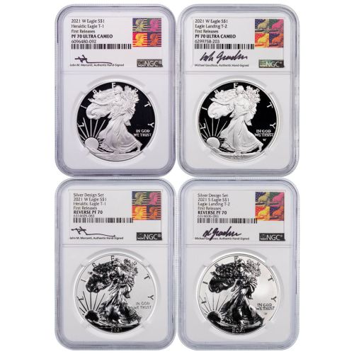 2021 Epic Year Set of 4: 2021-W Type 1 & Type 2 American Silver Eagles NGC Proof 70, 2021-W Type 1 & 2021-S Type 2 American Silver Eagle NGC Reverse Proof 70 Mercanti and Gaudioso Labels