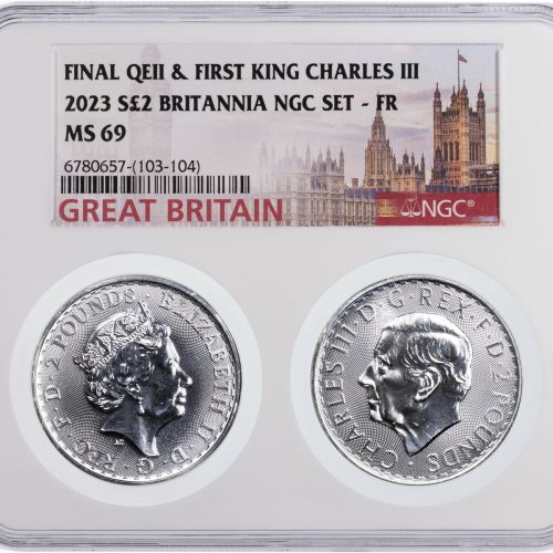 2023 Coronation Set NGC First Release MS69 Incl Queen Elizabeth and King Charles 1oz Britannias