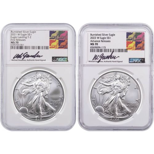 Set of 2: 2021-W T2 FR & 2022-W Advanced Release Burnished  American Silver Eagles NGC MS70 Gaudioso Label     