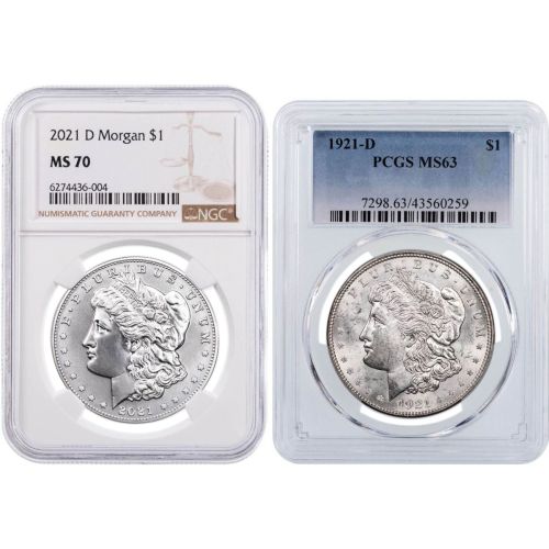 Set of 2: 1921-D Morgan Dollar NGC/PCGS MS63 & 2021-D Morgan Dollar NGC/PCGS MS70