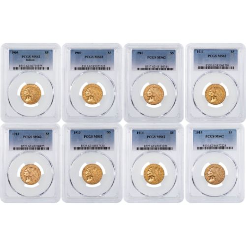 Set of 8: $5 1908-P - 1915-P Indian Head Gold Half Eagles NGC/PCGS MS62