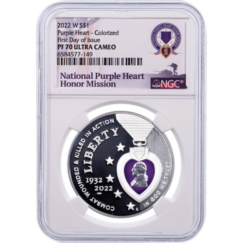$1 2022-W (Colorized) National Purple Heart Silver Commemorative Dollar NGC PF70 UCAM