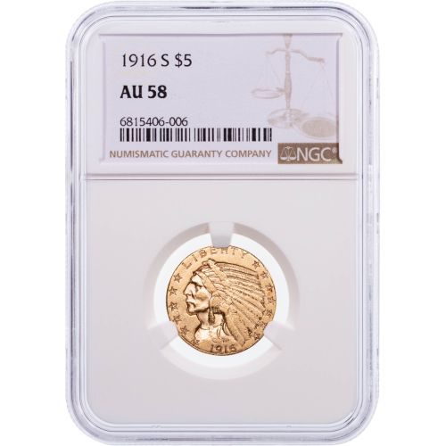 $5 1916-S Indian Head Gold Half Eagle NGC AU58  