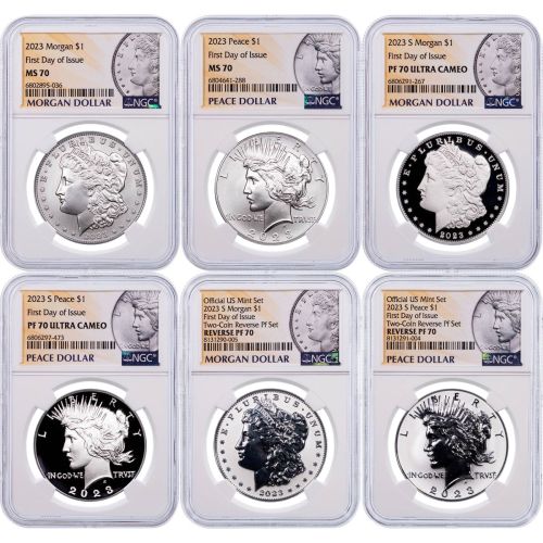 Set of 6: 2023 Morgan & Peace Dollars NGC Includes: MS70, PF70, & Reverse PF70 First Day of Issue