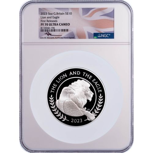 S10£ 2023 5oz Silver Great Britain Lion & Eagle NGC PF70 UCAM First Release Mercanti Signed