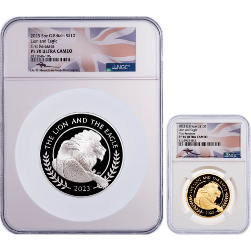 Set of 2: Britain 2023 10£ 5oz Silver & 100£ 1oz Gold Lion & Eagle NGC PF70UCAM First Release Mercanti Signed