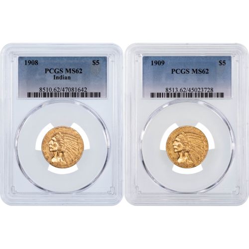 Set of 2: $5 1908-P & 1909-P Indian Head Gold Half Eagles NGC/PCGS MS62