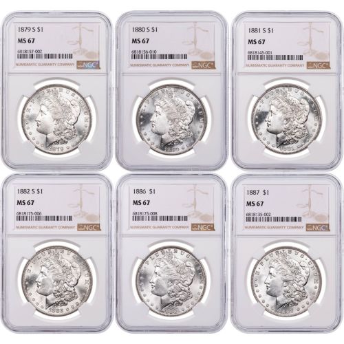 Set of 6: Varied Date & Mint Mark Morgan Dollars  Includes: 1879-S, 1880-S, 1881-S, 1882-S, 1886, 1887 Morgan Dollars NGC/PCGS MS67 