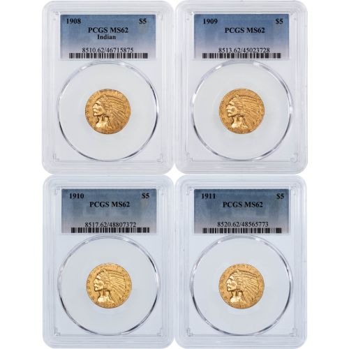 Set of 4: $5 1908 - 1911 Indian Head Gold Half Eagles NGC/PCGS MS62