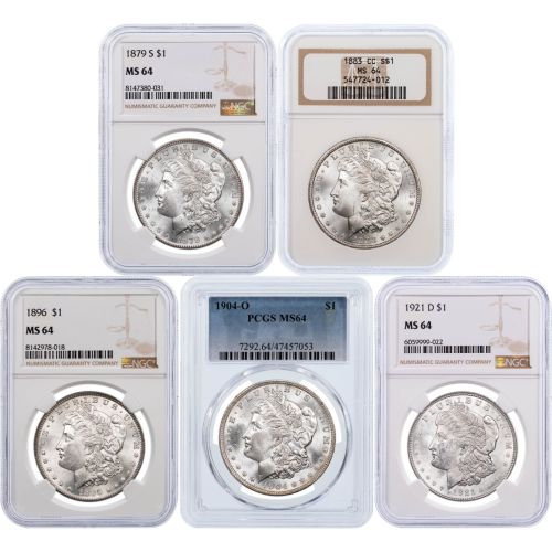 Set of 5: Morgan Dollar Decade & Mint Mark Set MS64 Includes: 1879-S, 1883-CC, 1896-P, 1904-O, 1921-D Morgan Dollars NGC/PCGS MS64